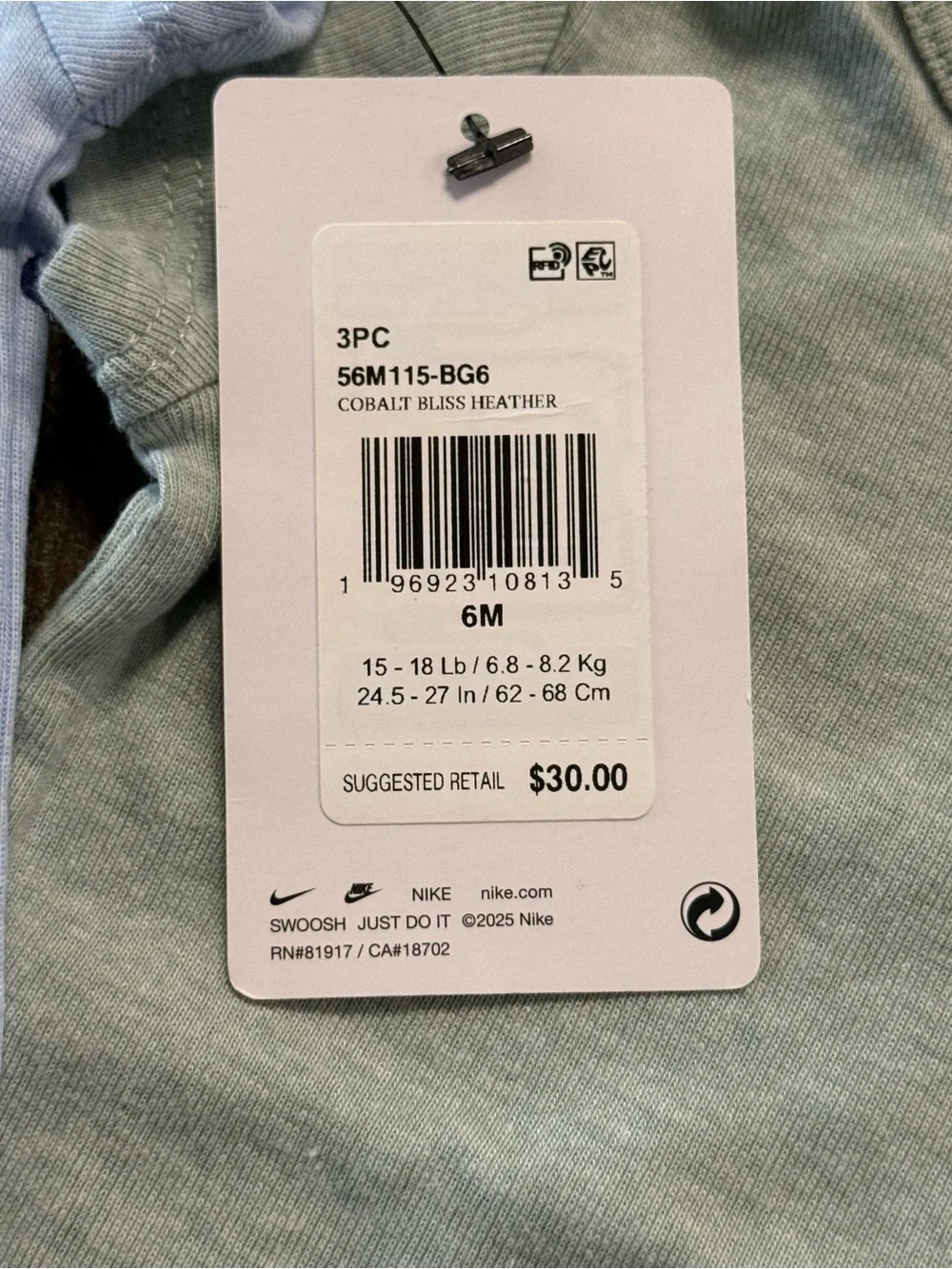Nike Baby Essentials Set of 2 Bodysuits Heather Green Sz 3M & Pale Blue Sz 6M